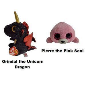 Two Big Eye Ty Beanie Boos Plush Collectible Toys Unicorn Dragon and Seal